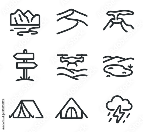 Natural Region Icons. Outline icon set of remote wilderness travel: satellite beacon, river crossing