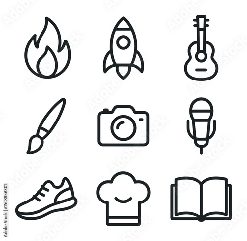 Passion Icon Grid. Outline icon set of passion pursuit: flame, rocket, guitar, paintbrush, camera, microphone, running shoe,