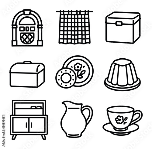 Nostalgic Kitchen Icons. Outline icon set of nostalgic kitchen elements: jukebox radio, gingham