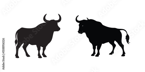  standing bull silhouettes facing each other in strong muscular animal vector design