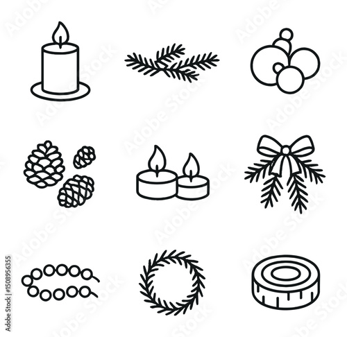 Holiday Table Icons. Outline icon set of holiday table centerpieces: pillar candle, evergreen runner, ornament cluster, pinecone