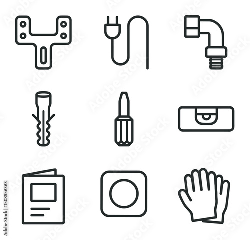 Home Appliance Installation Icons. Outline icon set of home appliance installation: mounting bracket, power cord, water inlet,