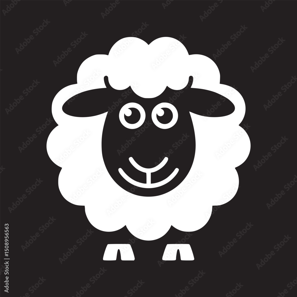 Obraz premium A simple black and white illustration of a sheep with a smiling face and blocky legs on black background