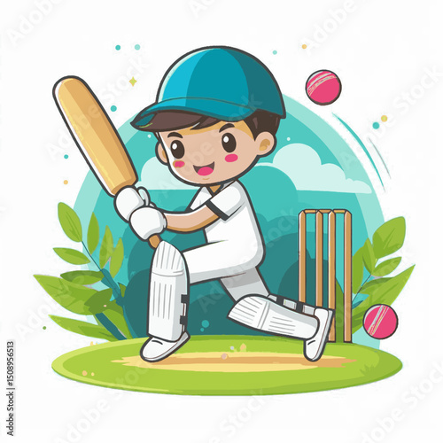 Cartoon boy playing cricket with bat pads and wickets on a green field against a blue background