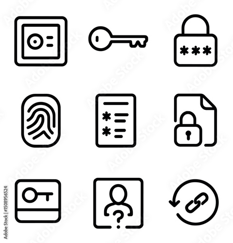 Password Management Icons. Outline icon set of password management: password vault, master key, padlock, fingerprint scanner,