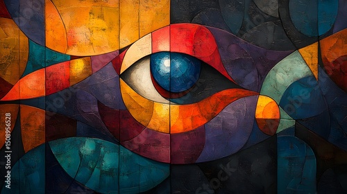 Intricate abstract eye art with vibrant colors that blend to create a modern mosaic design. The unique, geometric pattern and rich texture evoke a sense of artistic intrigue and contemporary style.
