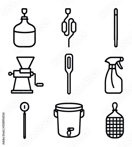 Homebrewing Equipment Icons. Outline icon set of homebrewing equipment: fermenting carboy, airlock bubbler, hydrometer, grain mill