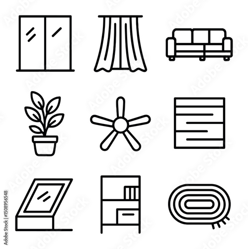 Open Living Space Icons. Outline icon set of open living space elements: floor-to-ceiling window,