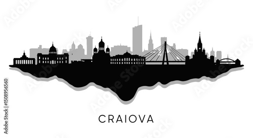 Craiova skyline with Romania City silhouette icon.