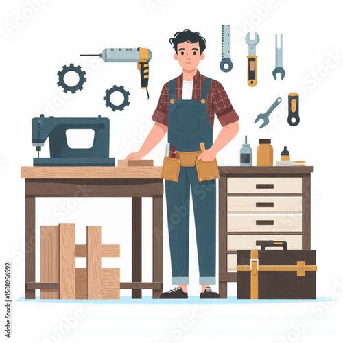 Carpenter in blue overalls with tools wood and sewing machine on a workbench