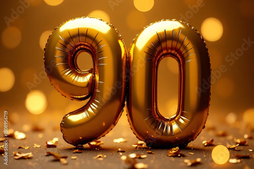 Golden number 90 balloon with confetti on festive bokeh background