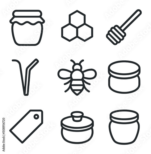 Honey Icon Set. Outline icon set of honey preservation: honey jar, honeycomb piece, dipper stick, bee silhouette, straw, seal lid,