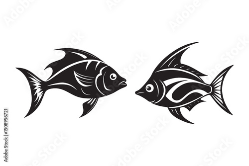 Fish Silhouette, black and white ornamental fish artwork featuring bold lines and fin details