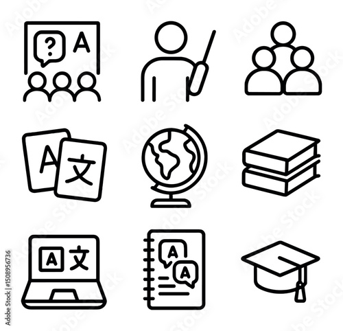 Multilingual Education Icons. Outline icon set of multilingual education: language classroom, teacher pointer, student group,
