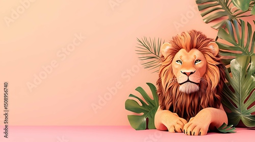 Adorable African lion with flowers and leaves decoration. 3d lion for children, adorable animal empty space