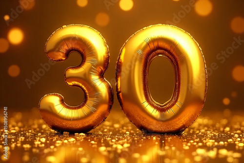Golden number 30 balloon with confetti on festive bokeh background