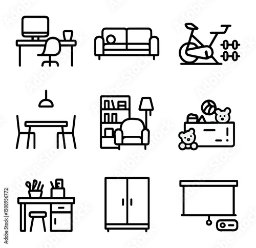 Multipurpose Room Icons. Outline icon set of multi-purpose rooms: home office-living combo, guest room sofa, workout corner,