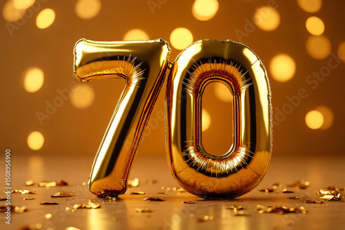 Golden number 70 balloon with confetti on festive bokeh background
