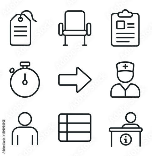 Hospital Triage Icon Set. Outline icon set of hospital triage zone: triage tag, waiting area chair, clipboard with form, timer,