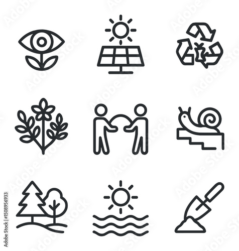 Permaculture Principles Icons. Outline icon set of permaculture principles: observe and interact,