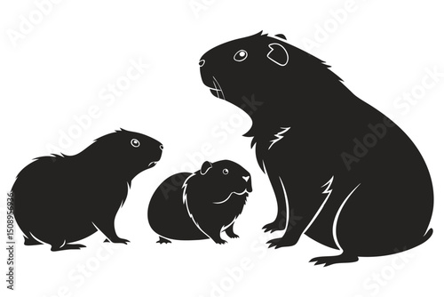 Black silhouette vector illustration of three guinea pigs isolated on white background