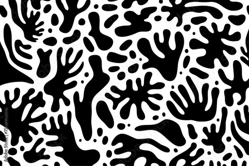 Dynamic black and white abstract organic pattern. High-contrast vector shapes create a bold, modern texture for backgrounds, prints, and graphic design.