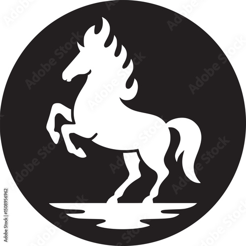 Gradient horse rearing in a black circle with a pink reflection and yellow mane and tail design