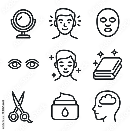 Personal Grooming Icons. Outline icon set of personal grooming and self-awareness: makeup mirror,