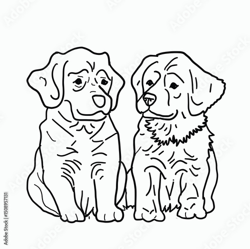 black and white line. Two dogs are sitting next to each other. Cartoon Style Illustration
