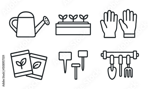 Gardening essentials: tools, planting seeds, seedlings, and labels for home gardeners