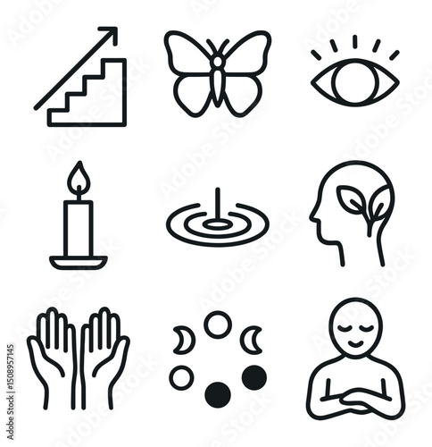 Personal Growth Icon Set. Outline icon set of mental well-being symbols: flower in hand, brain with