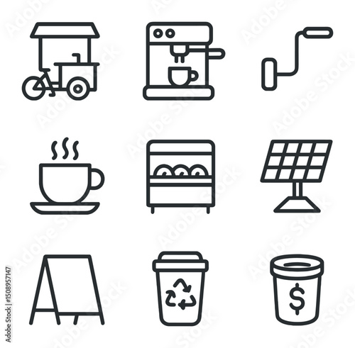 Pedal Café Icon Set. Outline icon set of pedal-powered café pop-up: mobile cart, espresso machine, crank handle, coffee cup,