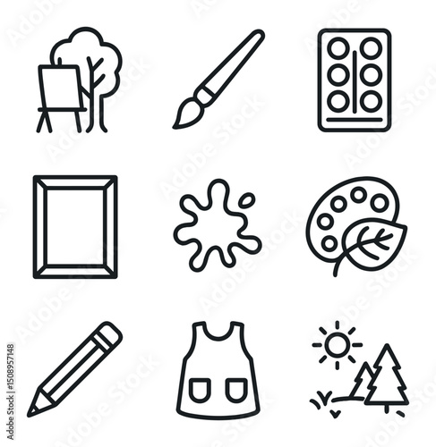 Nature Art Therapy Icons. Outline icon set of creative art therapy in nature: easel by tree, paintbrush, watercolor set, canvas