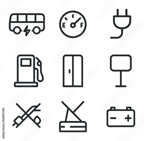 Hybrid Bus Icons. Outline icon set of hybrid bus fleets: bus silhouette with dual engine, fuel gauge, electric plug icon, fuel