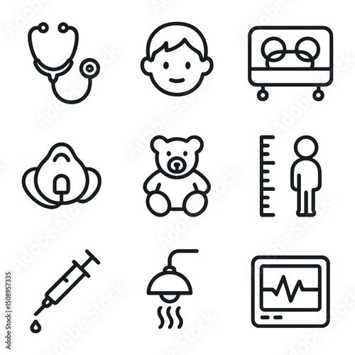 Pediatric Emergency Icons. Outline icon set of pediatric emergency care: pediatric stethoscope, child patient, neonatal incubator,