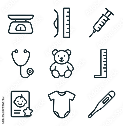 Pediatric Wellness Icons. Outline icon set of pediatric wellness check: baby scale, growth chart, vaccination syringe, pediatric