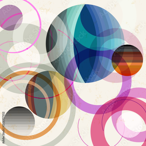 abstract geometric pattern background, with circles, semicircles, stripes, strokes and splashes