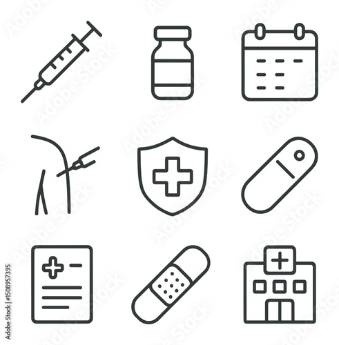 Immunization Icon Set. Outline icon set of immunization schedule: syringe, vaccine vial, calendar, injection site icon, immunity