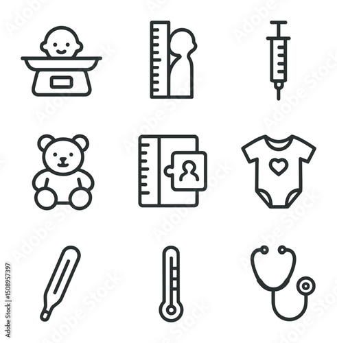 Pediatric Wellness Icons. Outline icon set of pediatric wellness check: baby scale, growth chart, vaccination syringe, pediatric