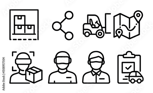Logistics and technology icons set for delivery and route management