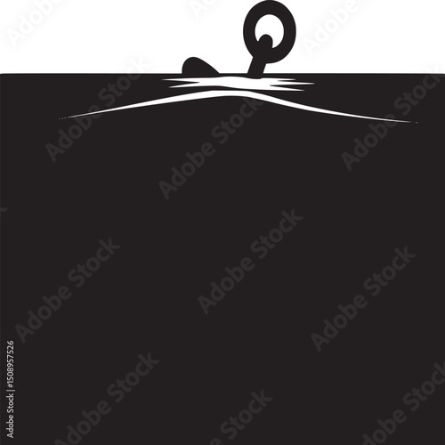A silhouette of an anchor under the water with some plants and a white background in a cartoon style