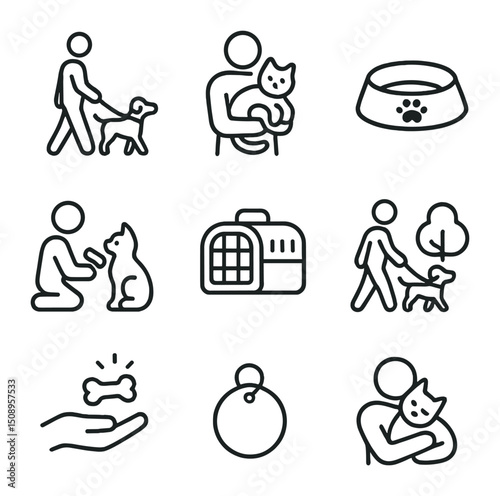Pet Owner Icons. Outline icon set of pets and their owners: dog on leash, cat in arms, pet feeding