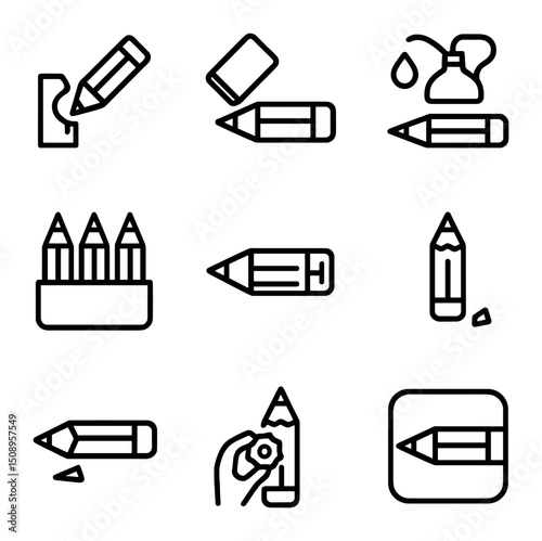 Pencil Care Icons. Outline icon set of pencil maintenance tasks: sharpening, cleaning shaft, oiling wood, storing tips, labeling