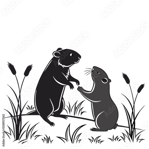 Cartoon gophers interacting in a grassy field vector illustration graphic resource