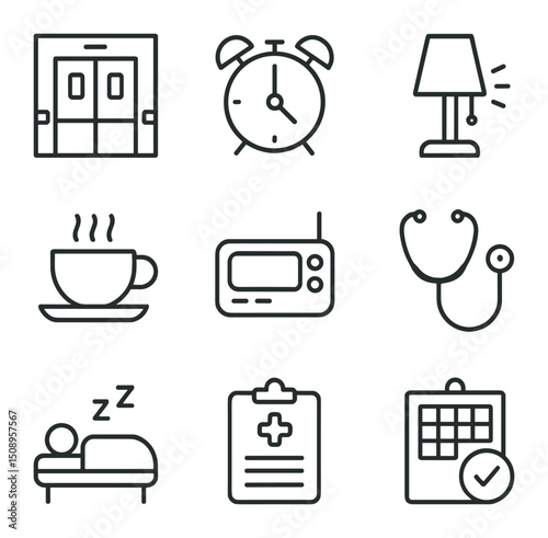 Night Shift Medic Icons. Outline icon set of on-call night shift medics: hospital corridor, alarm clock, night lamp, coffee cup,