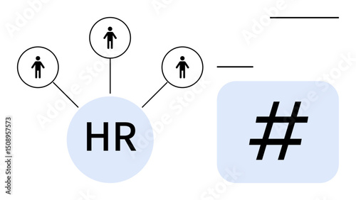 HR circle linked to three employee icons, metadata tag symbol to the side. Ideal for recruitment, workforce planning, talent management, HR analytics, collaboration, networking, simple landing page