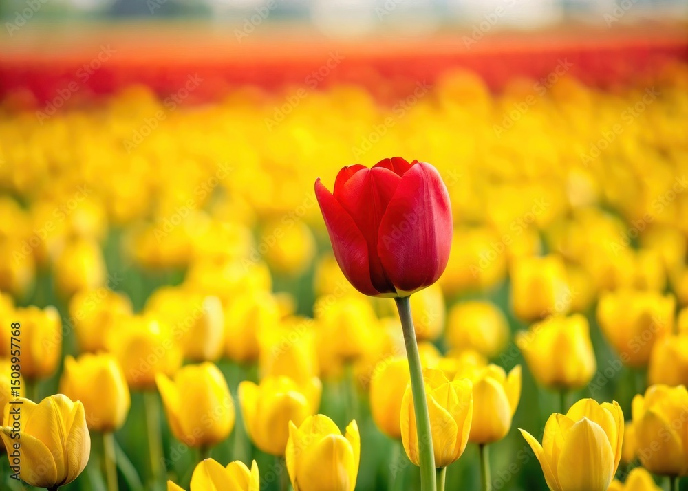Obraz premium Single Red Tulip in Vast Yellow Field