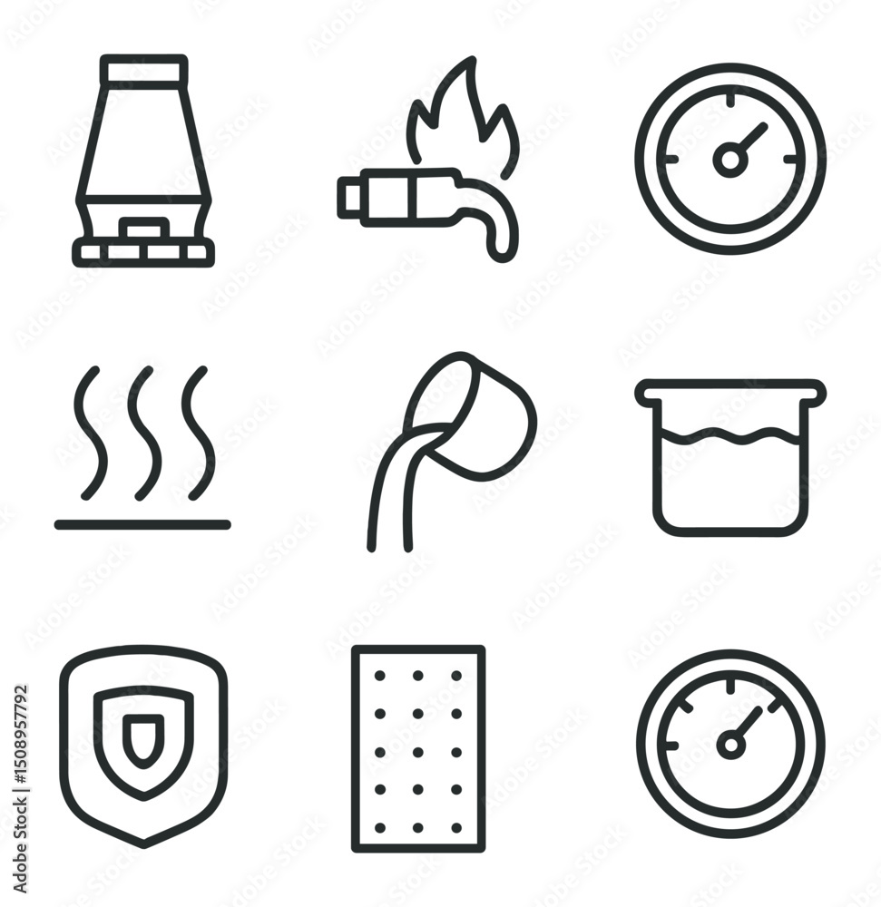 Industrial Furnace Icons. Outline icon set of industrial furnace: blast furnace, flame nozzle, control gauge, heat waves, molten