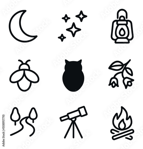 Night Walk Icons. Outline icon set of night sky walk: crescent moon, star cluster, lantern, firefly, owl silhouette, nightshade