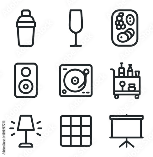 Penthouse Party Icons. Outline icon set of penthouse entertaining essentials: cocktail shaker, champagne flute, charcuterie board,